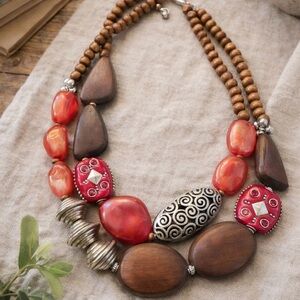 Boho Artisan Chunky Statement Necklace Wood & Red Beads Silver Tone